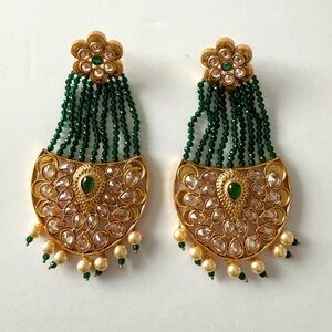 Green Bead & Gold Indian Kundan Style Statement Dangle Earrings w/ Pearl Drops